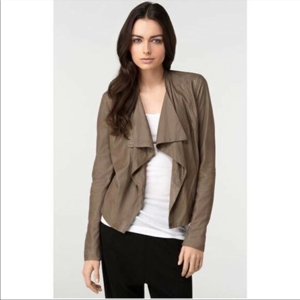 VINCE | Paper Leather Cowl Neck Asymmetrical Jacket in Taupe